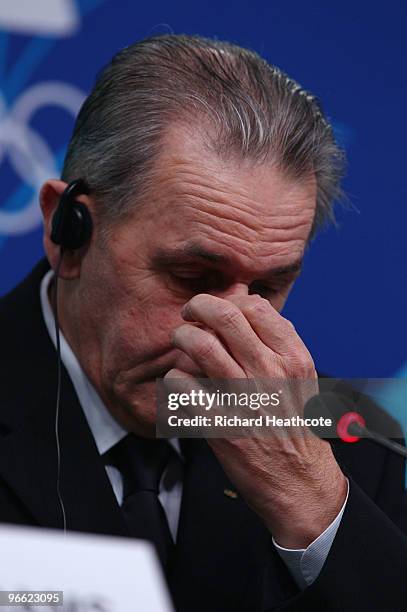 President Jacques Rogge speaks at an IOC press conference at the Main Press Centre during the Vancouver 2010 Winter Olympics on February 12, 2010 in...