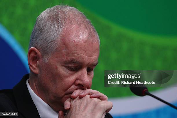 Vanoc CEO John Furlong attends an IOC press conference at the Main Press Centre during the Vancouver 2010 Winter Olympics on February 12, 2010 in...