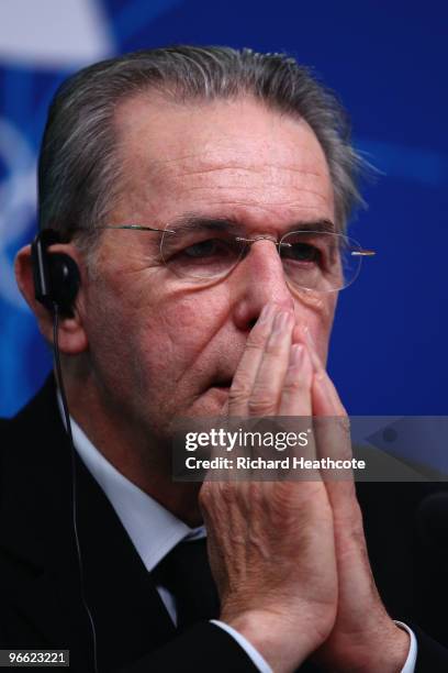 President Jacques Rogge speaks at an IOC press conference at the Main Press Centre during the Vancouver 2010 Winter Olympics on February 12, 2010 in...