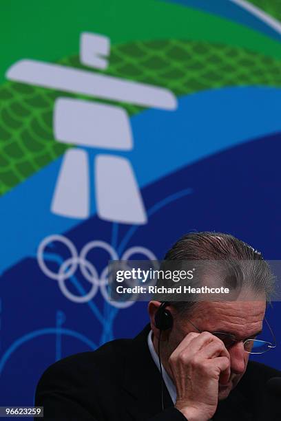 President Jacques Rogge speaks at an IOC press conference at the Main Press Centre during the Vancouver 2010 Winter Olympics on February 12, 2010 in...