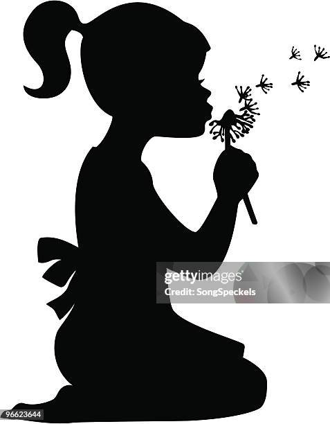 girl blowing dandelion - ponytail stock illustrations
