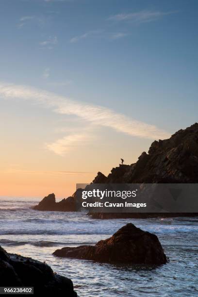 distant view of silhouette teenage girl standing on mountain by sea against sky during sunset - メンドシノ ストックフォトと画像