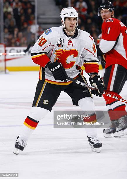 Curtis Glencross of the Calgary Flames skates during the NHL game against the Ottawa Senators at Scotiabank Place on February 9, 2010 in Ottawa,...