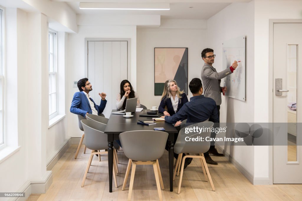 Business people discussing during meeting at desk in office