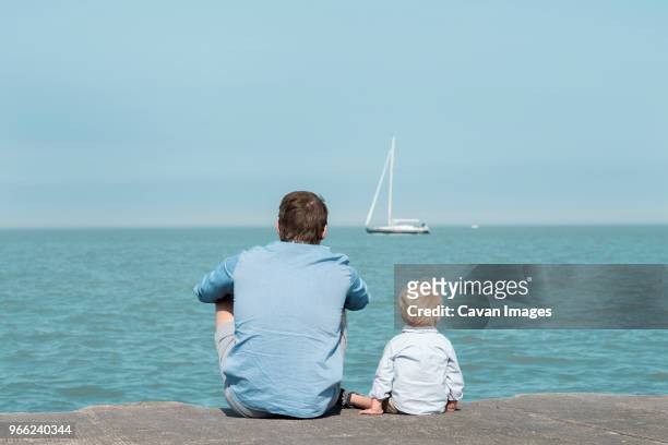 rear view of father with son sitting at beach against blue sky during sunny day - genderblend2015 stock pictures, royalty-free photos & images