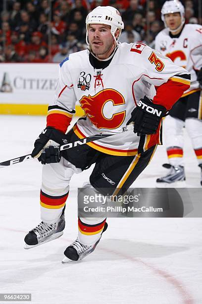 Ian White of the Calgary Flames skates during the NHL game against the Ottawa Senators at Scotiabank Place on February 9, 2010 in Ottawa, Canada.