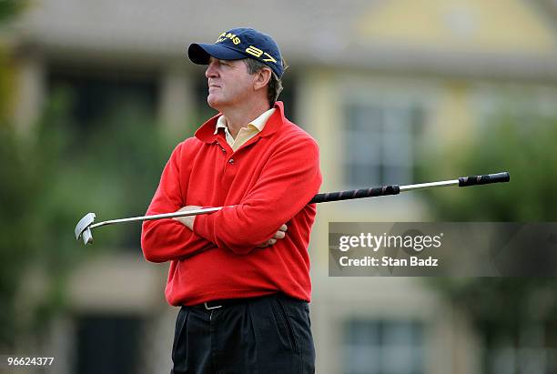 Des Smyth waits for play on the 18th green during the first round of The ACE Group Classic at The Quarry on February 12, 2010 in Naples, Florida. The...