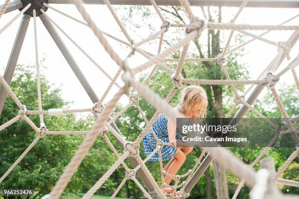girl climbing jungle gym in playground - jungle gym stockfoto's en -beelden