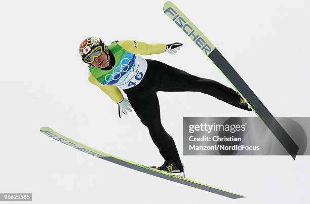Noriaki Kasai of Japan competes during the Ski Jumping Normal Hill Individual Qualification Round at the Olympic Winter Games Vancouver 2010 ski...