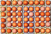 Brown eggs over a egg cartons of different colors.