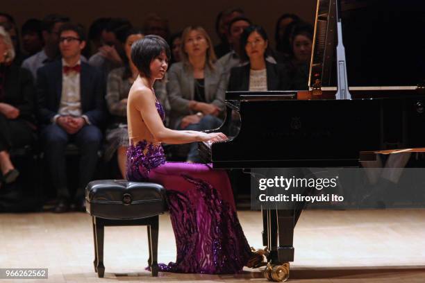 The pianist Yuja Wang performing the music of Rachmaninoff, Scriabin, Ligeti and Prokofiev at Carnegie Hall on Thursday night, May 17, 2018.