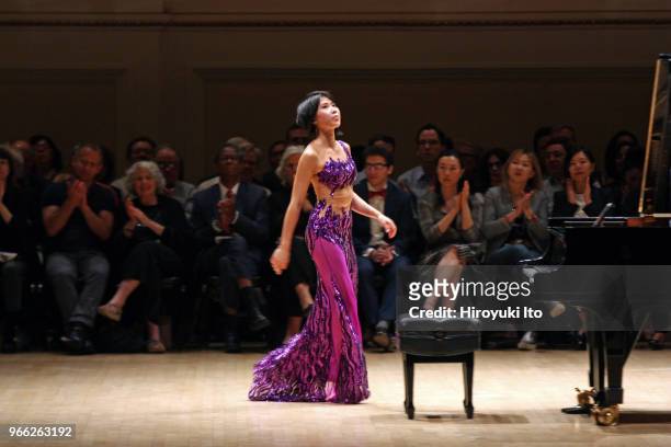 The pianist Yuja Wang performing the music of Rachmaninoff, Scriabin, Ligeti and Prokofiev at Carnegie Hall on Thursday night, May 17, 2018.
