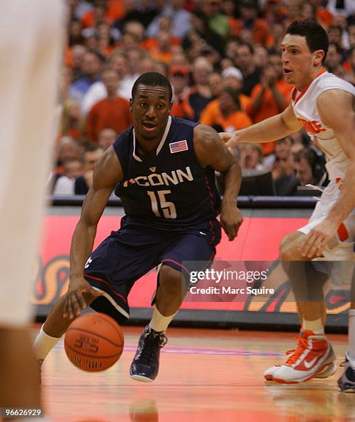 Kemba Walker of the Connecticut Huskies drives to the basket during the game against the Syracuse Orange at Carrier Dome on February 10, 2010 in...