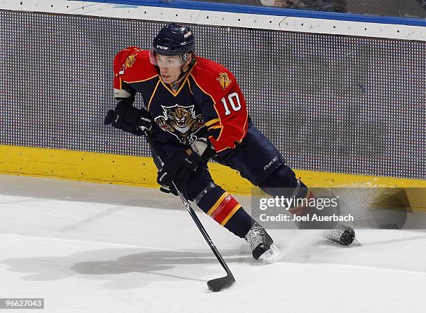David Booth of the Florida Panthers skates with the puck against the Vancouver Canucks on February 11, 2010 at the BankAtlantic Center in Sunrise,...