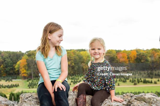 portrait of smiling girl sitting by sister on rock against clear sky - westminster maryland stockfoto's en -beelden