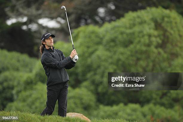 Musician Kenny G tees off on the 11th hole during round two of the AT&T Pebble Beach National Pro-Am at the Monterey Peninsula Country Club Shore...