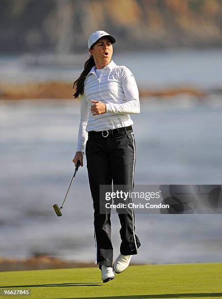 Brandi Chastain reacts on the 18th green after missing a putt on during the second round of the AT&T Pebble Beach National Pro-Am at Pebble Beach...