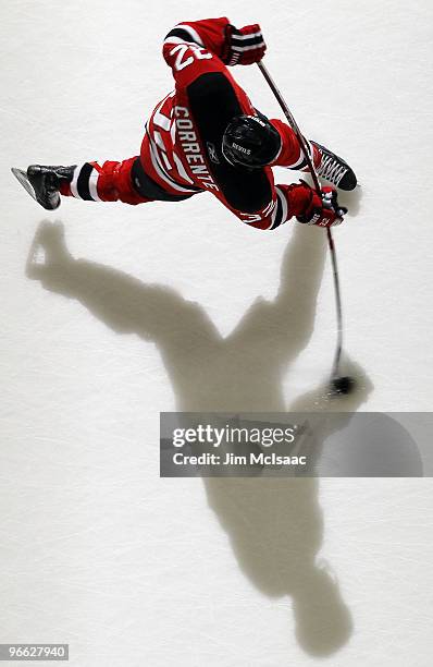 Matthew Corrente of the New Jersey Devils warms up before playing against the Nashville Predators at the Prudential Center on February 12, 2010 in...