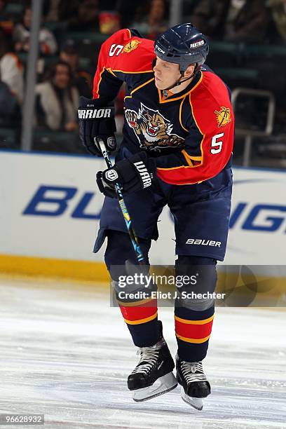 Bryan Allen of the Florida Panthers skates on the ice against the Vancouver Canucks at the BankAtlantic Center on February 11, 2010 in Sunrise,...