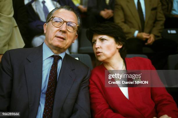 Martine Aubry campaigning for the Municipal Elections with her father Jacques Delors on May 31, 1995 in France.