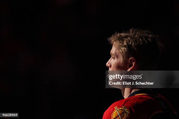 Bryan Allen of the Florida Panthers stands on the ice for the national anthems prior to the start of the game against the Vancouver Canucks at the...