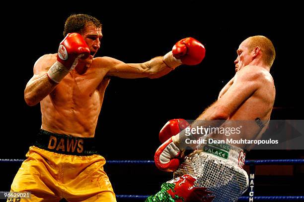Lenny Daws swings a left hook at Jason Cook in the Light-Welterweight Title bout at York Hall on February 12, 2010 in London, England.