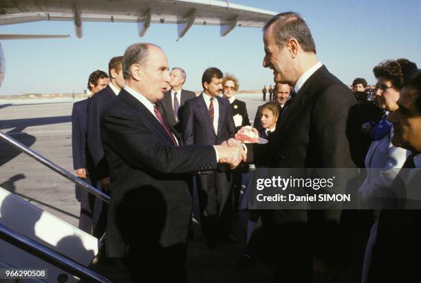 Le president syrien Hafez El Assad pendant la visite de Francois Mitterrand le 27 novembre 1984 en Syrie.