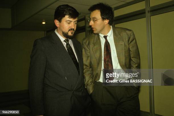 Socialist party executive committee meeting with Jean-Luc Melenchon and Julien Dray on January 13, 1990 in Paris, France.