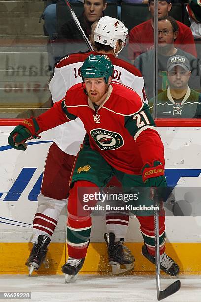 Kyle Brodziak of the Minnesota Wild skates against the Phoenix Coyotes during the game at the Xcel Energy Center on February 10, 2010 in Saint Paul,...