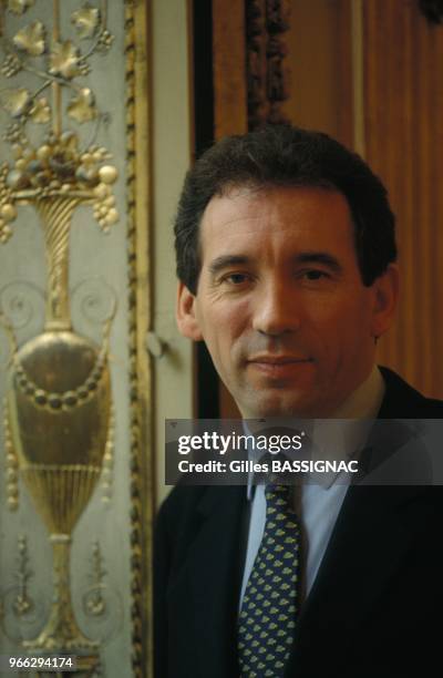 Close up Francois Bayrou, ministre de l'Education, dans son bureau le 22 avril 1993 a Paris, France.