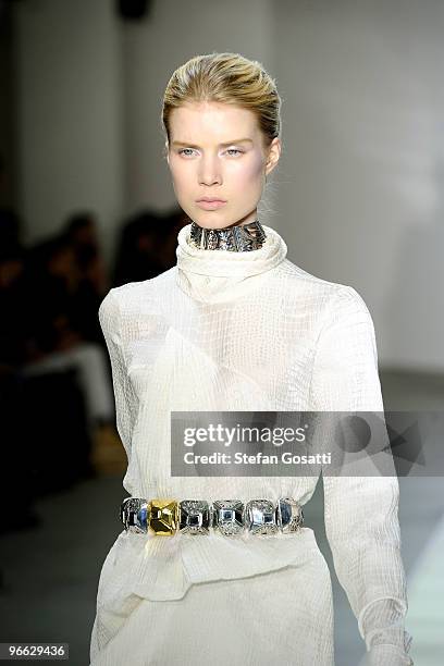 Model walks the runway at Preen By Thornton Bregazzi Fall 2010 fashion show during Mercedes-Benz Fashion Week on February 12, 2010 in New York, New...