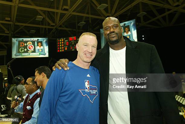 Legend Chris Mullin poses with Shaquille O'Neal of the Cleveland Cavaliers prior to the 2010 NBA All-Star Celebrity Game presented by FINAL FANTASY...