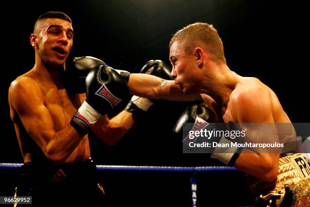 Carl Frampton of Belfast lands a punch on Yohan Boyeaux in their Super-Bantamweight bout at York Hall on February 12, 2010 in London, England.