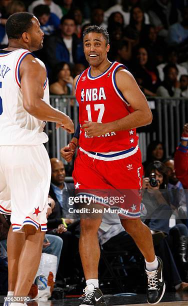 Rick Fox TV personality runs down the court during the 2010 NBA All-Star Celebrity Game presented by FINAL FANTASY XIII on center court during NBA...