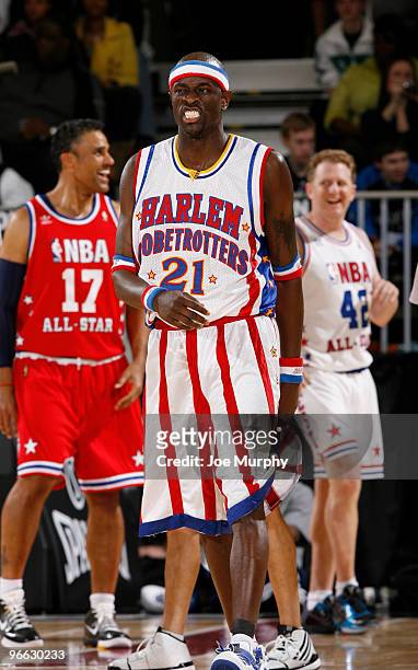 Special K Daley former Harlem Globe Trotter reacts to a play during the 2010 NBA All-Star Celebrity Game presented by FINAL FANTASY XIII on center...