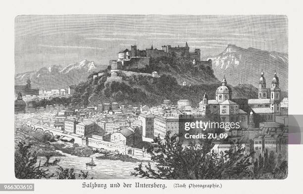 ilustrações de stock, clip art, desenhos animados e ícones de salzburg and the untersberg, austria, wood engraving, published in 1897 - rio salzach