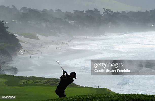 Adam Scott of Australia plays a shot on the nineth hole during round two of the AT&T Pebble Beach National Pro-Am at Pebble Beach Golf Links on...