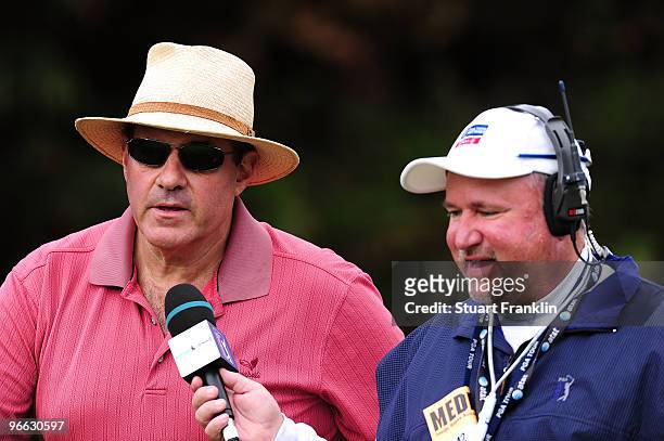 Chris Berman is interviewed on the first hole during round two of the AT&T Pebble Beach National Pro-Am at Pebble Beach Golf Links on February 12,...