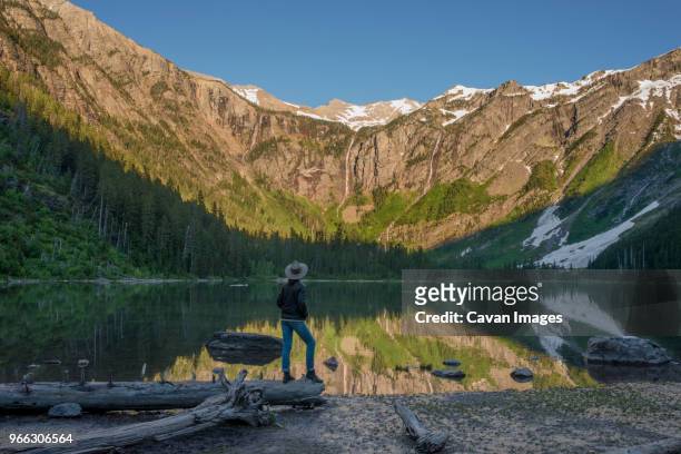 rear view of female hiker looking at mountains while standing by avalanche lake - glacier national park montana stock pictures, royalty-free photos & images