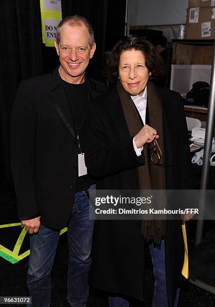 Producer Kevin Cryer and writer Fran Lebowitz backstage at Naomi Campbell's Fashion For Relief Haiti NYC 2010 Fashion Show during Mercedes-Benz...