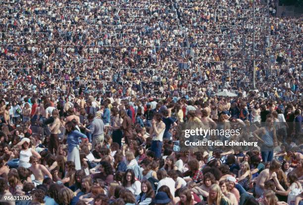 General view of a large crowd on the terraces watching The Who's 'Summer Of 74' show, Charlton Athletic Football Club, London, May 18th 1974.