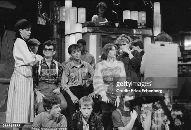 Members of the audience dressed in 1980s fashions on the set of Channel 4 TV show 'The Tube', Newcastle, United Kingdom, 1983.
