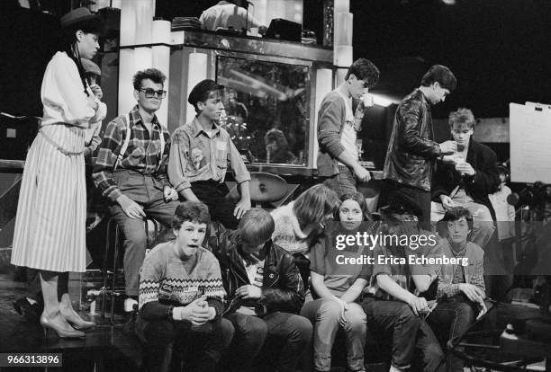 Members of the audience dressed in 1980s fashions on the set of Channel 4 TV show 'The Tube', Newcastle, United Kingdom, 1983.