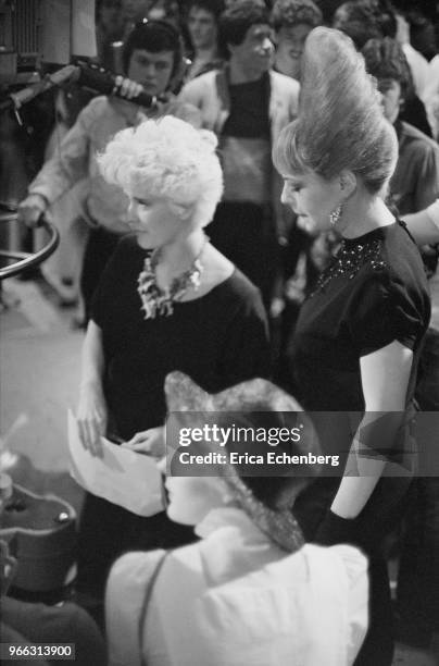 Presenter Paula Yates and Mari Wilson on the set of Channel 4 TV show 'The Tube', Newcastle, United Kingdom, 1983.