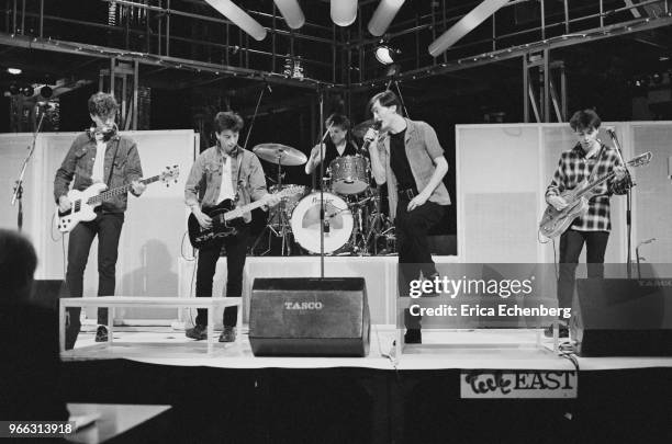 The Undertones, rehearsing on the set of Channel 4 TV show 'The Tube', Newcastle, United Kingdom, 1983.