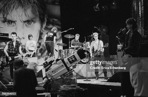 The Edge and Bono of Irish rock band U2 rehearsing in front of the cameras on the set of Channel 4 TV show 'The Tube', Newcastle, United Kingdom,...