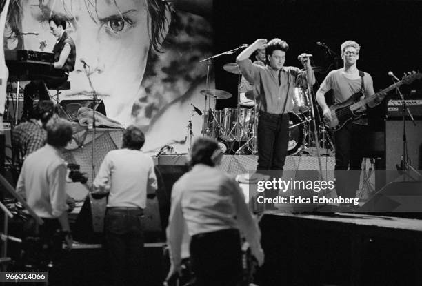 Bono of Irish rock band U2 rehearsing in front of the cameras on the set of Channel 4 TV show 'The Tube', Newcastle, United Kingdom, 1983.