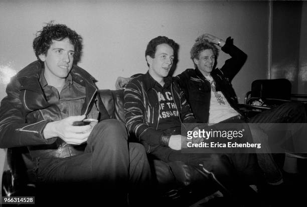 The Clash being interviewed backstage at The Rainbow Theatre, Finsbury Park, London, May 9th 1977. L-R Mick Jones, Joe Strummer, Paul Simonon.
