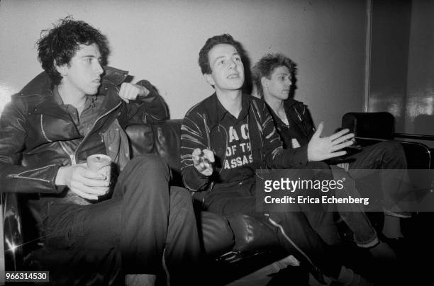 The Clash being interviewed backstage at The Rainbow Theatre, Finsbury Park, London, May 9th 1977. L-R Mick Jones, Joe Strummer, Paul Simonon.