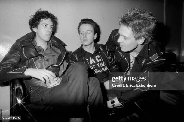 The Clash being interviewed backstage at The Rainbow Theatre, Finsbury Park, London, May 9th 1977. L-R Mick Jones, Joe Strummer, Paul Simonon.